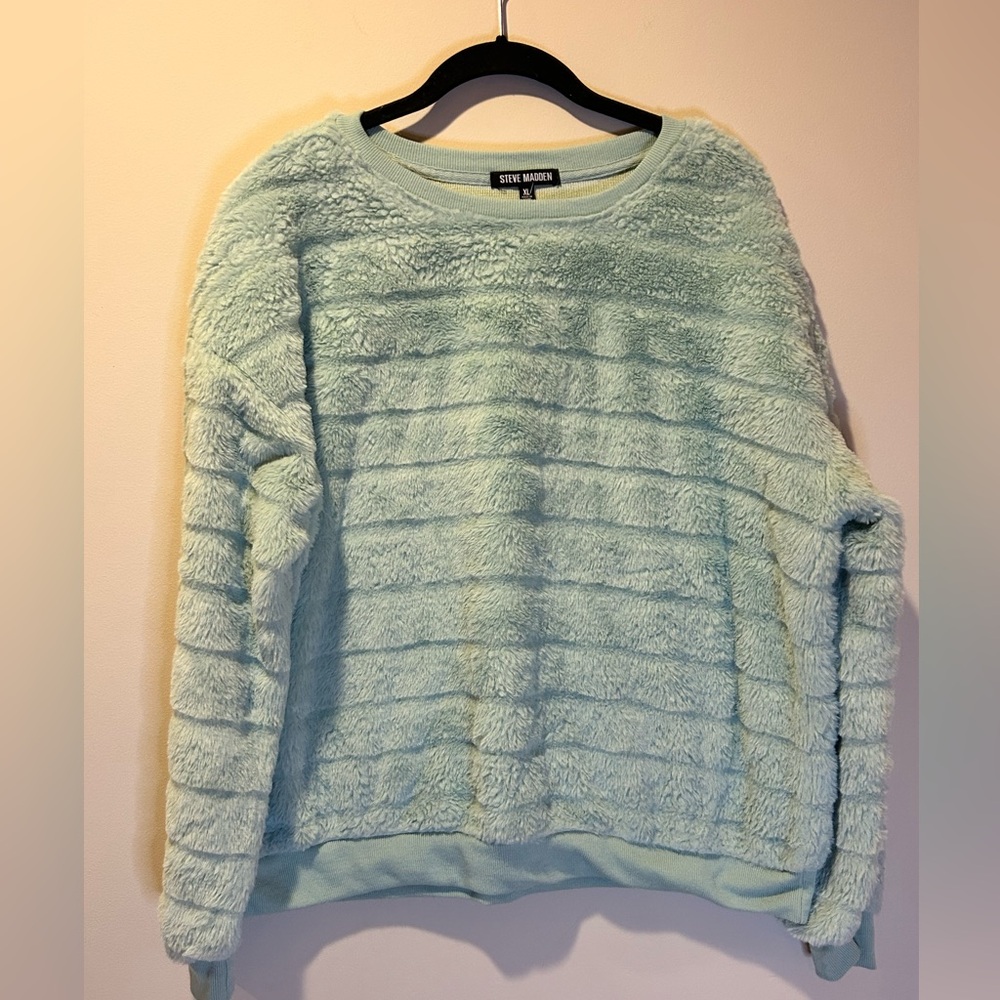 Steve Madden‎ Womens Top Plush Faux Fur Dusty Blue XL Cozy Soft Pullover Fuzzy